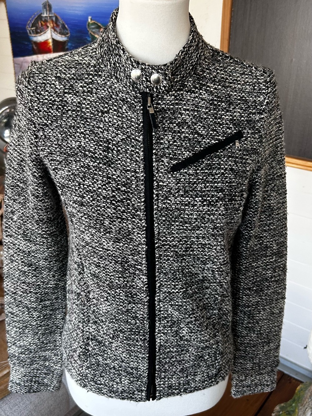 Lauren Ralph Lauren Tweed Moto Jacket Size S Black White Zip Boucle women’s